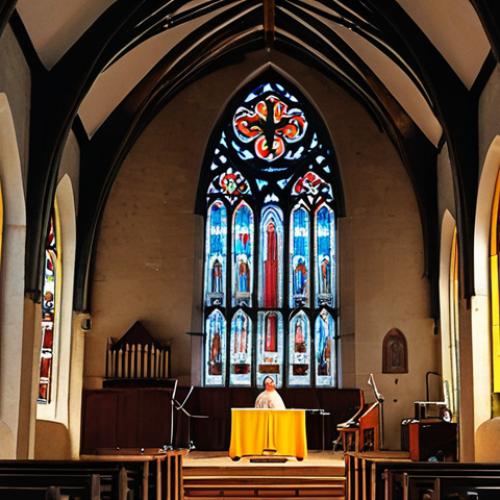 Home 4 **Image Prompt:** A repurposed church in rural Brittany, France. Stained-glass windows illuminate a local band performing on a stage inside. The architecture retains its original religious elements, creating a blend of sacred and contemporary space.