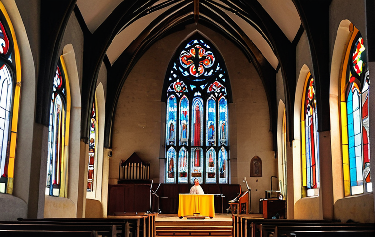 **Image Prompt:** A repurposed church in rural Brittany, France. Stained-glass windows illuminate a local band performing on a stage inside. The architecture retains its original religious elements, creating a blend of sacred and contemporary space.