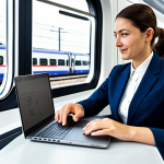A professional adult traveler, fully clothed in a modest business casual outfit, sits at a modern desk, attentively viewing a train ticket booking interface on a laptop screen. A high-speed TGV train is subtly visible through a large window in the background, implying travel planning. The scene is bright and well-lit, representing efficiency and clarity. safe for work, appropriate content, fully clothed, professional dress, modest clothing, family-friendly, perfect anatomy, correct proportions, natural pose, well-formed hands, proper finger count, natural body proportions, professional photography, high quality, high resolution, sharp focus, clean lines.