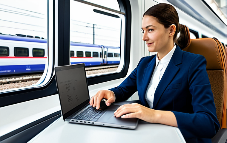 A professional adult traveler, fully clothed in a modest business casual outfit, sits at a modern desk, attentively viewing a train ticket booking interface on a laptop screen. A high-speed TGV train is subtly visible through a large window in the background, implying travel planning. The scene is bright and well-lit, representing efficiency and clarity. safe for work, appropriate content, fully clothed, professional dress, modest clothing, family-friendly, perfect anatomy, correct proportions, natural pose, well-formed hands, proper finger count, natural body proportions, professional photography, high quality, high resolution, sharp focus, clean lines.