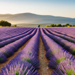 A professional photographer capturing a vast lavender field in Provence at sunrise, fully clothed in modest summer attire, standing on a designated path. The field stretches endlessly under a soft, golden light, with dew glistening on the vibrant purple stalks, and distant rolling hills under a clear sky. Safe for work, appropriate content, fully clothed, family-friendly, perfect anatomy, natural pose, correct proportions, well-formed hands, proper finger count, natural body proportions, professional photography, high quality.