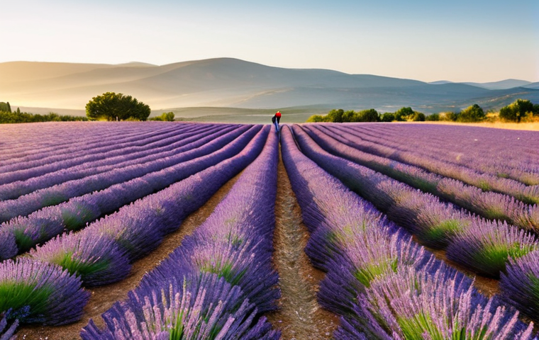A professional photographer capturing a vast lavender field in Provence at sunrise, fully clothed in modest summer attire, standing on a designated path. The field stretches endlessly under a soft, golden light, with dew glistening on the vibrant purple stalks, and distant rolling hills under a clear sky. Safe for work, appropriate content, fully clothed, family-friendly, perfect anatomy, natural pose, correct proportions, well-formed hands, proper finger count, natural body proportions, professional photography, high quality.