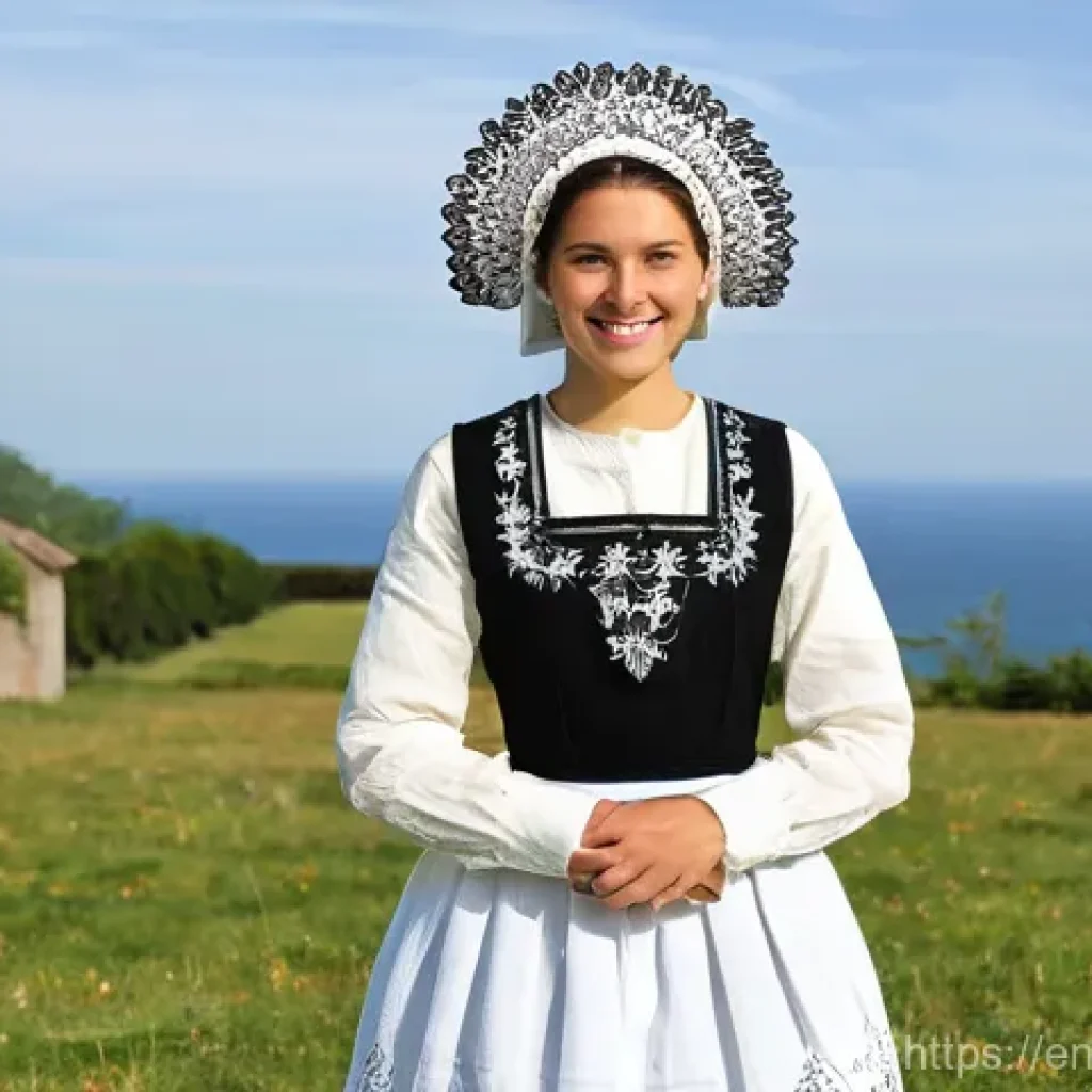 프랑스에서 전통 의상 및 패션 역사 - **A Breton Woman in Festive Attire**
    A full-body portrait of a young woman from Brittany, France...