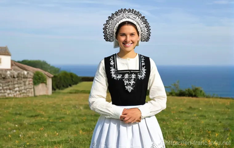 프랑스에서 전통 의상 및 패션 역사 - **A Breton Woman in Festive Attire**
    A full-body portrait of a young woman from Brittany, France...