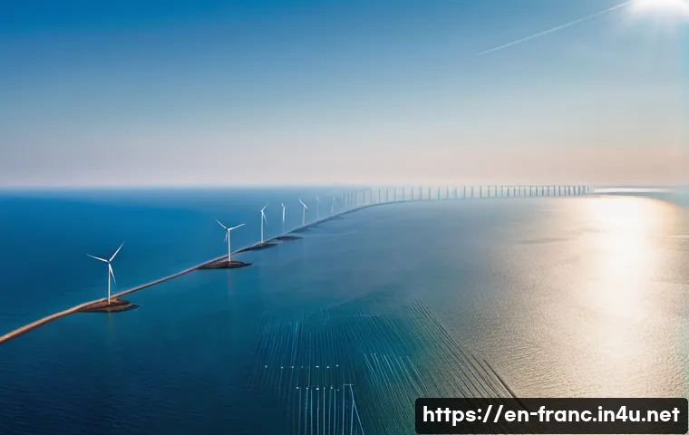 프랑스의 환경 정책 및 탄소 중립 노력 - **Prompt:** A panoramic, high-definition shot of a future French coastline at sunrise, showcasing va...