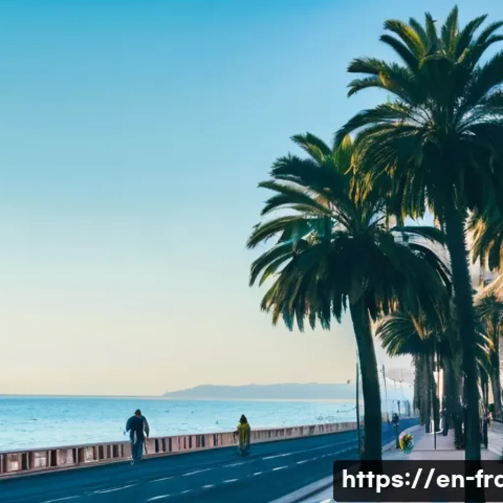 니스 해변과 프랑스 리비에라 여행 - **Promenade des Anglais Stroll:** A vibrant, sun-drenched scene on the Promenade des Anglais in Nice...