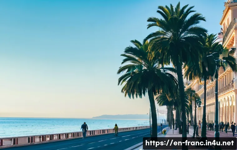니스 해변과 프랑스 리비에라 여행 - **Promenade des Anglais Stroll:** A vibrant, sun-drenched scene on the Promenade des Anglais in Nice...