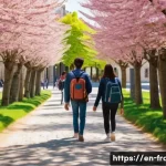프랑스 교환학생 프로그램 알아보기 - A vibrant university campus scene in France during spring, showcasing diverse international students...