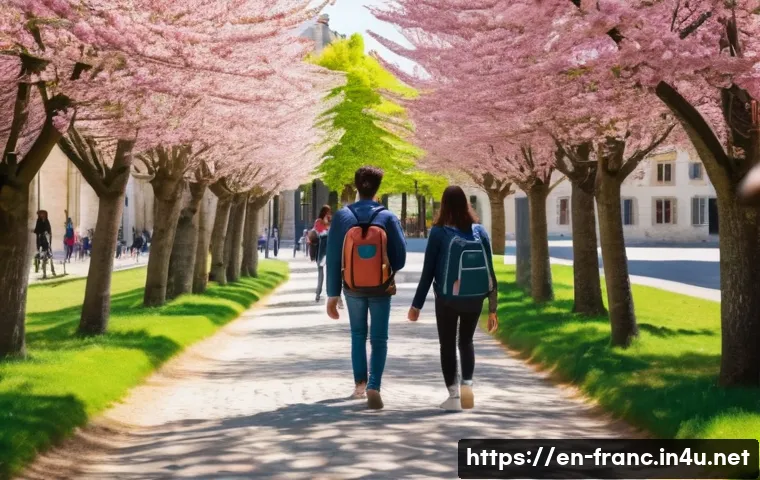 프랑스 교환학생 프로그램 알아보기 - A vibrant university campus scene in France during spring, showcasing diverse international students...
