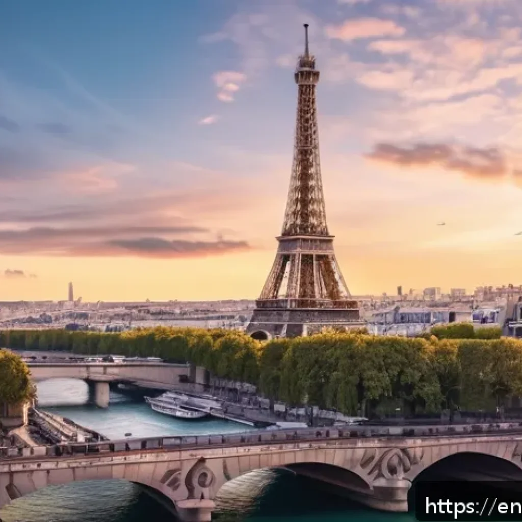 프랑스에서 유명한 건축가 및 건축물 - A detailed, realistic depiction of the Eiffel Tower at sunset, showcasing its intricate wrought iron...