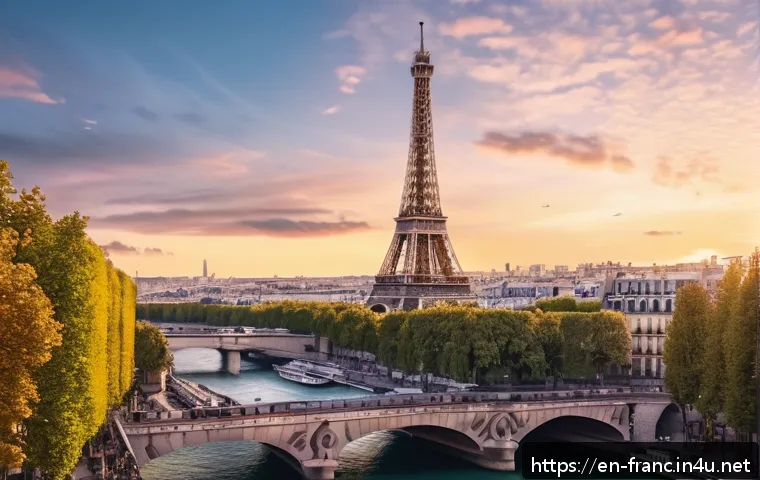 프랑스에서 유명한 건축가 및 건축물 - A detailed, realistic depiction of the Eiffel Tower at sunset, showcasing its intricate wrought iron...