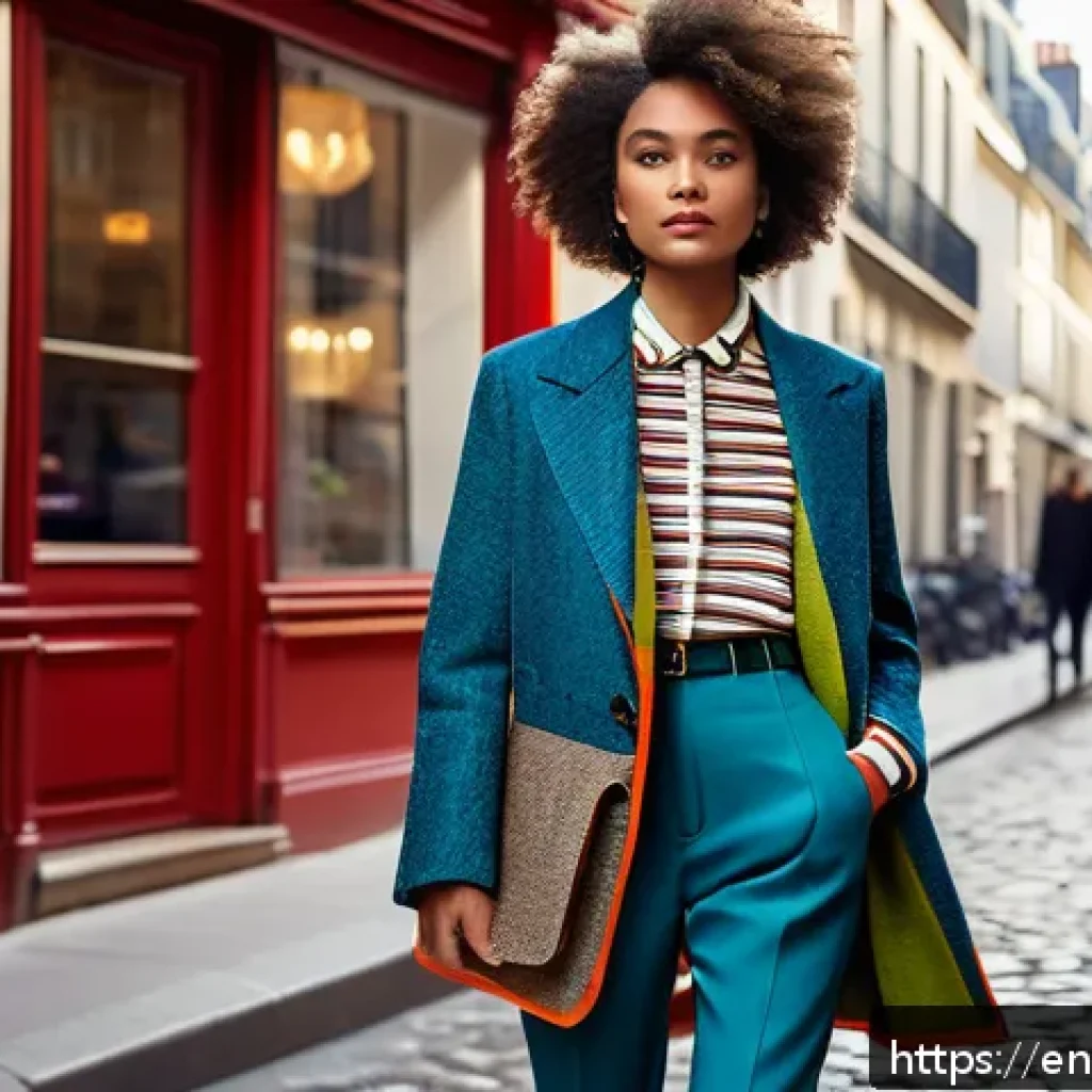 프랑스 패션 브랜드 및 트렌드 - A sophisticated Parisian street style scene featuring a young adult wearing a tailored tweed jacket ...
