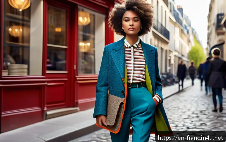 프랑스 패션 브랜드 및 트렌드 - A sophisticated Parisian street style scene featuring a young adult wearing a tailored tweed jacket ...